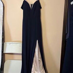 Elegant Navy Off-Shoulder Evening Gown with Front Slit